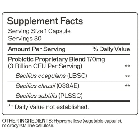 Nutritional information for Primal Earth Probiotic, a soil-based formula with three Bacillus strains designed to support digestive health and microbiome balance.