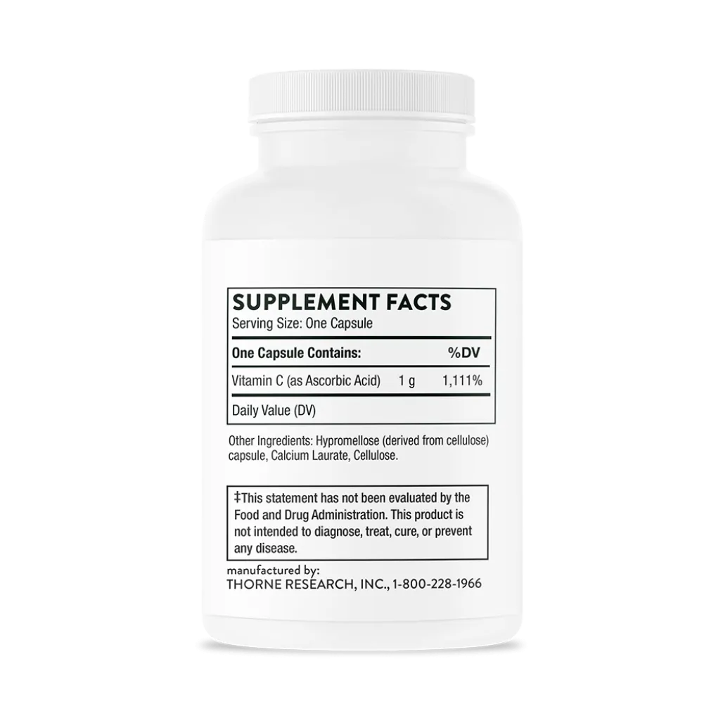 Thorne Ascorbic Acid Vitamin C 60 caps supplement facts