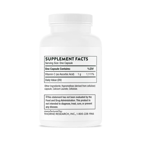 Thorne Ascorbic Acid Vitamin C 60 caps supplement facts