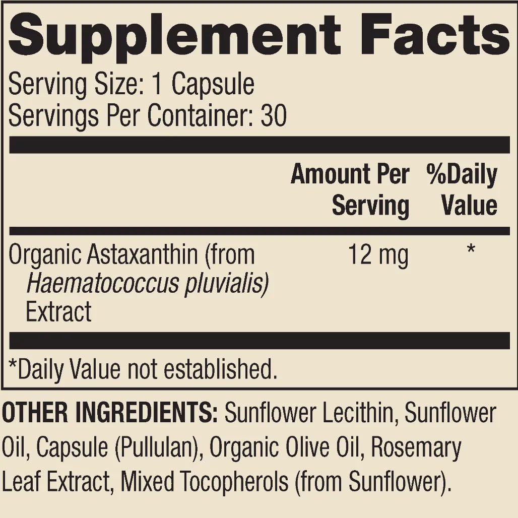 Dr. Mercola Astaxanthin Nutrition Facts Label Showing Organic Astaxanthin Extract 12 mg and Ingredient Details