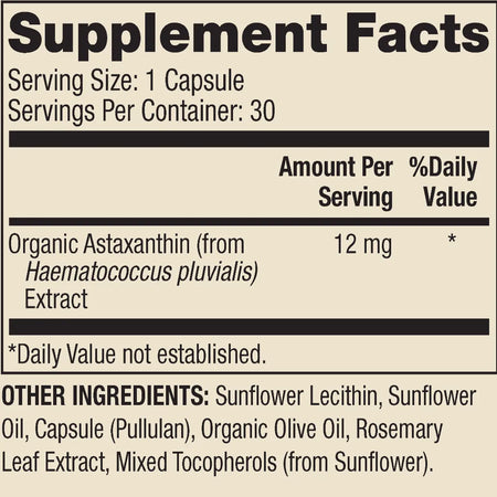 Dr. Mercola Astaxanthin Nutrition Facts Label Showing Organic Astaxanthin Extract 12 mg and Ingredient Details