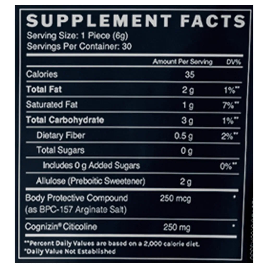 Ingredients of BPC‑157 Cognizine chocolates by Infiniwell for recovery and wellness