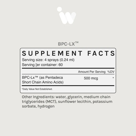 BPC-Lx Pro ingredients panel with pentadeca short-chain amino acids, water, glycerin, MCT, lecithin, potassium sorbate and hydrogen