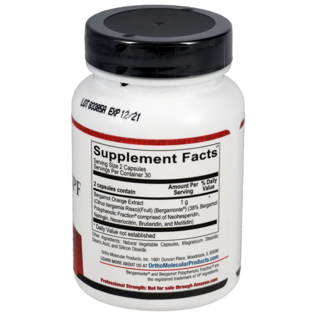 Ingredients panel of Ortho Molecular Bergamot BPF showing citrus bergamot extract and active polyphenols