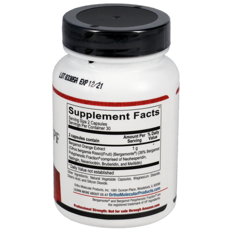 Ingredients panel of Ortho Molecular Bergamot BPF showing citrus bergamot extract and active polyphenols
