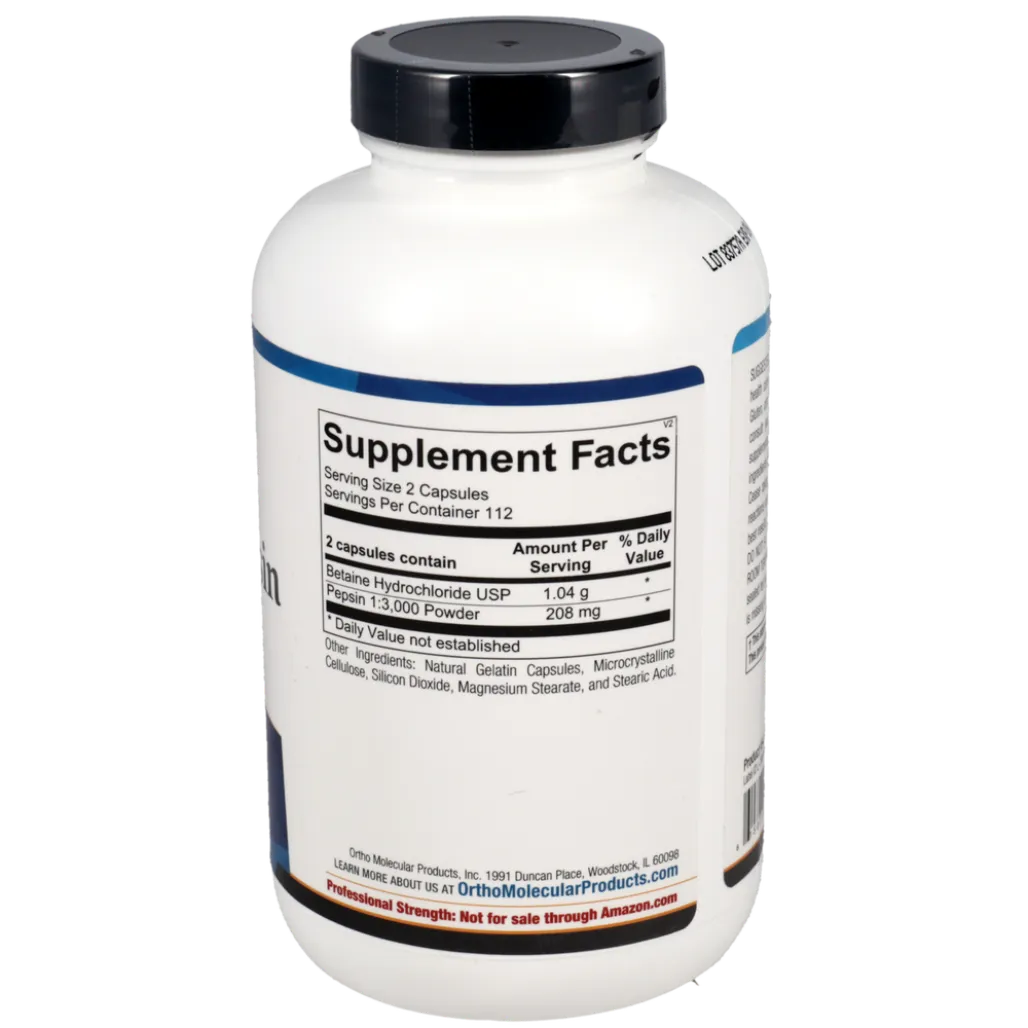Ortho Molecular Betaine & Pepsin supplement facts with betaine hydrochloride and pepsin for digestion