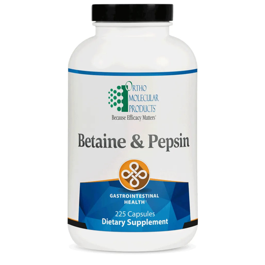 Ortho Molecular Betaine & Pepsin digestive support supplement bottle for stomach acid and protein digestion