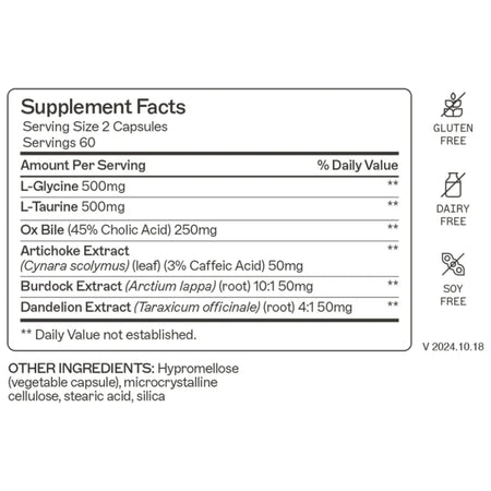 Supplement facts for Bile Builder Complete featuring L-Glycine, L-Taurine, Ox Bile, and Artichoke Extract.