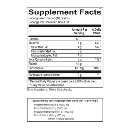 Bio‑PC Pro ingredient panel showing sunflower lecithin phospholipids like phosphatidylcholine, phosphatidylinositol