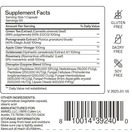 Supplement facts for Biofilm Disruptor: Enzyme blend with Serratio Peptidase and Nattokinase, plus Green Tea and Apple Cider Vinegar.