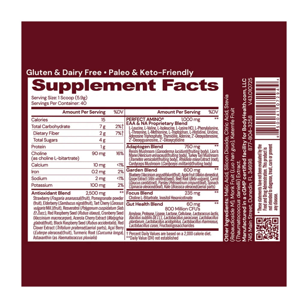 BodyHealth Reds Supplement Facts label showing 15 calories, 1,000mg Perfect Amino, and 2,500mg Antioxidant Blend per serving. Gluten and Dairy free.