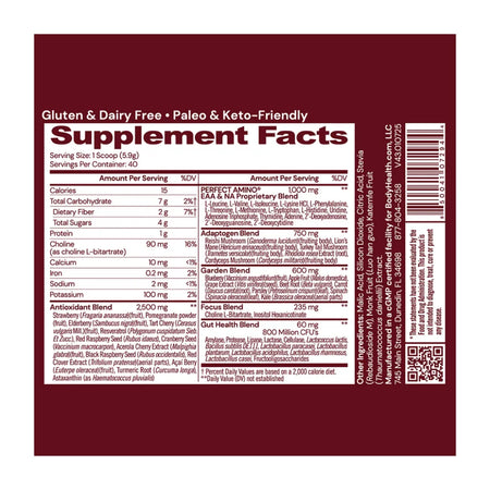 BodyHealth Reds Supplement Facts label showing 15 calories, 1,000mg Perfect Amino, and 2,500mg Antioxidant Blend per serving. Gluten and Dairy free.