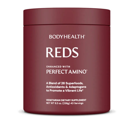 BodyHealth Reds supplement tub featuring 26 superfoods and Perfect Amino acids for energy and antioxidant support, 8.3 oz.
