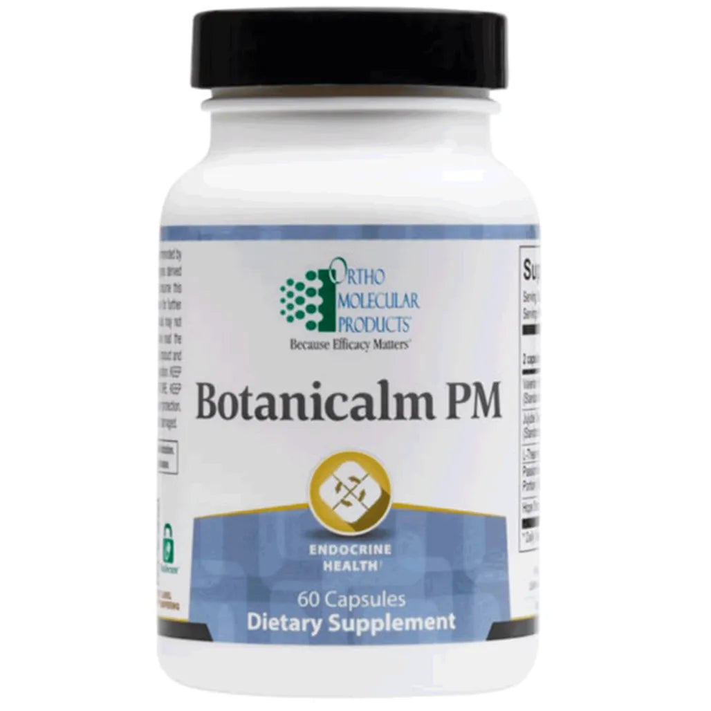 Ortho Molecular Botanicalm PM packaging for calming support, stress relief and better sleep quality 