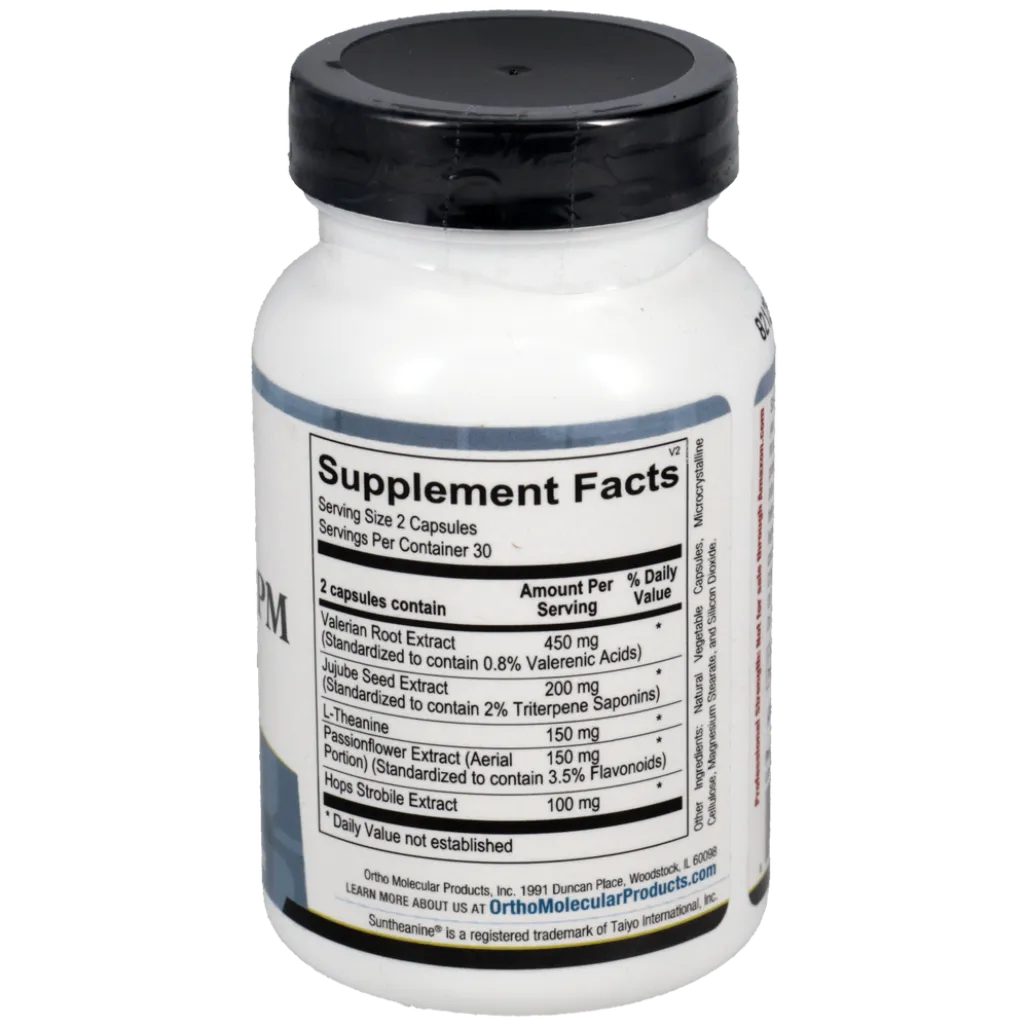 Botanicalm PM ingredients panel showing valerian root, passionflower, jujube seed, L‑theanine and hops extract