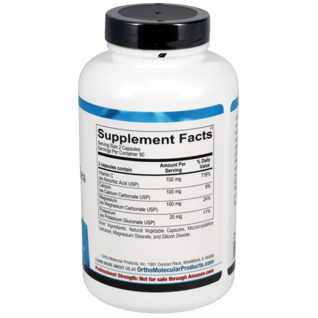 Supplement facts of Ortho Molecular Buffered C Capsules with vitamin C, calcium, magnesium and potassium