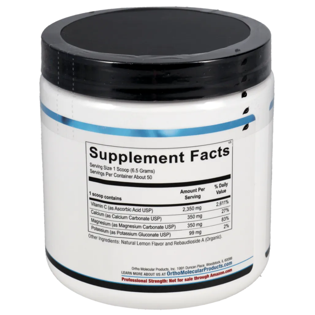 Buffered Lemon C Powder ingredient panel showing vitamin C, buffering minerals and natural lemon flavor