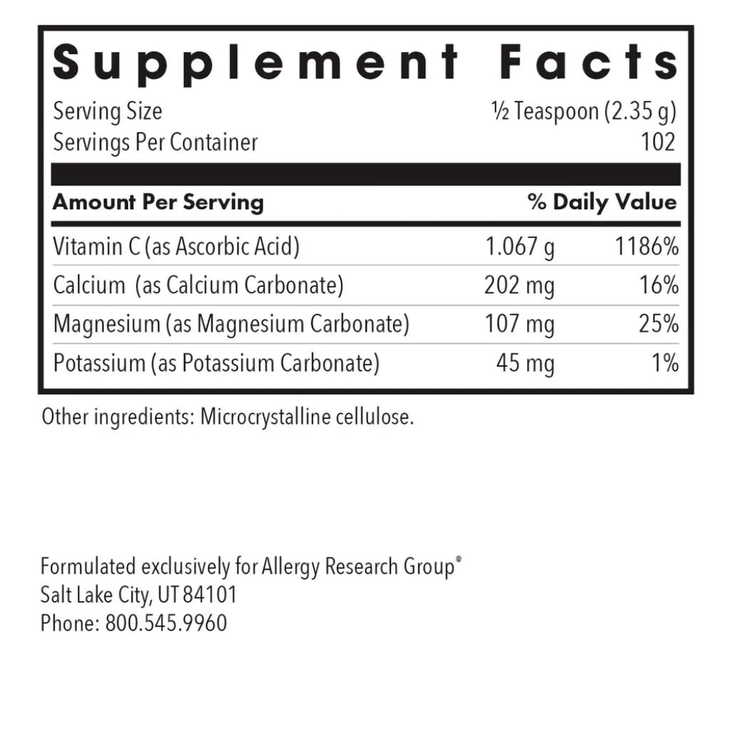 Buffered Vitamin C powder ingredient list and label from Allergy Research Group showing components for immune support and gentle absorption