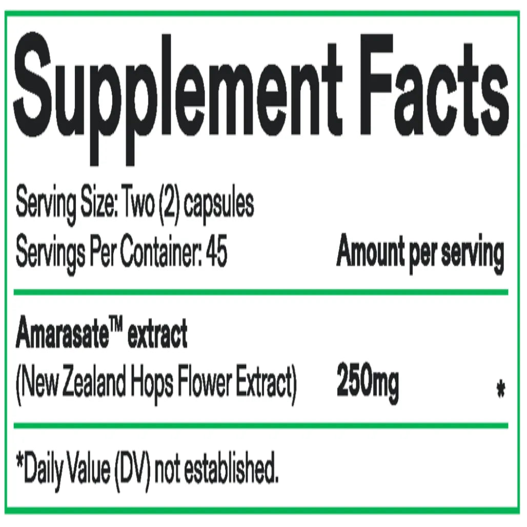 Calocurb Amarasate Appetite Control Nutrition Facts and Ingredients Label Showing Hops Extract and Capsule Details