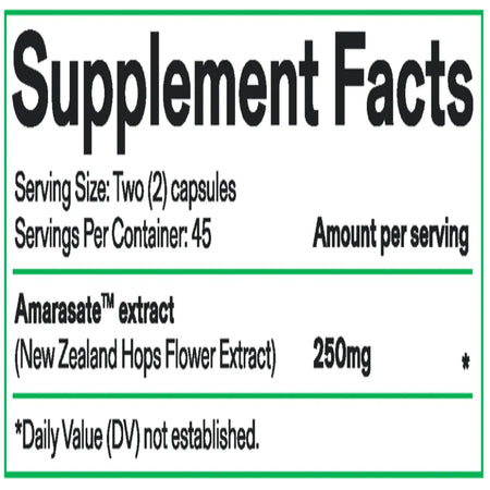 Calocurb Amarasate Appetite Control Nutrition Facts and Ingredients Label Showing Hops Extract and Capsule Details