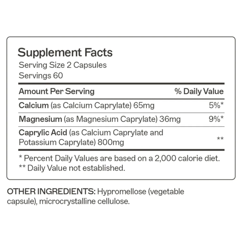 Nutritional information for Caprylic Acid highlighting 120 capsules per bottle designed to support healthy digestion and intestinal balance.