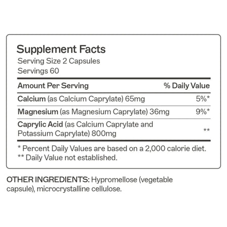 Nutritional information for Caprylic Acid highlighting 120 capsules per bottle designed to support healthy digestion and intestinal balance.
