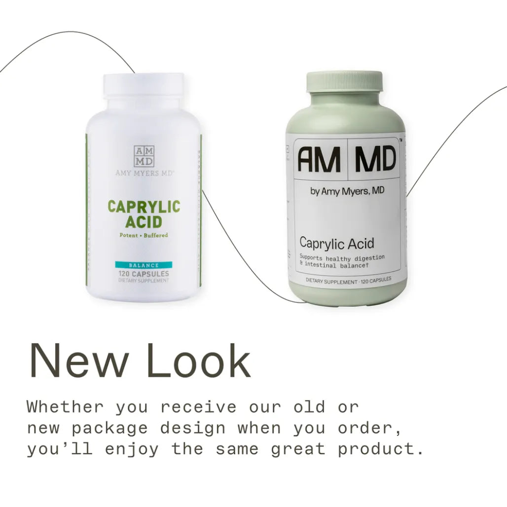 A side-by-side comparison of the old and new packaging for Caprylic Acid by Amy Myers MD, featuring a 120-capsule bottle.