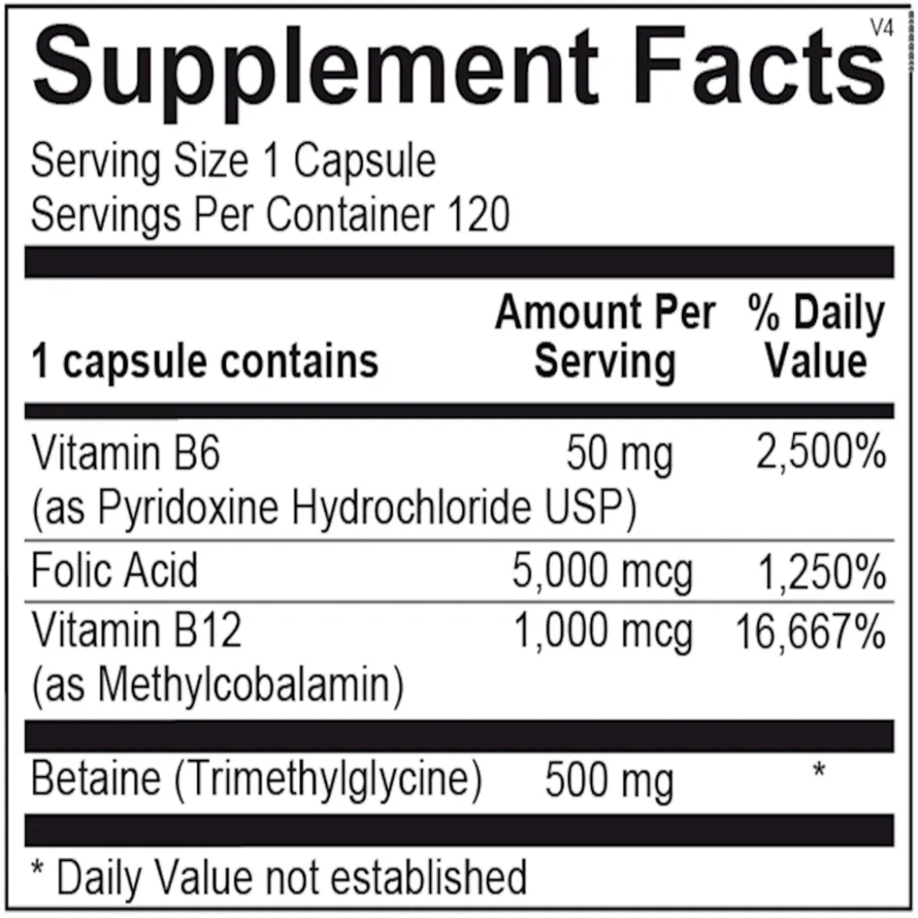 Cardio‑B ingredients panel with folate, vitamins B6, B12, betaine and choline for heart health support