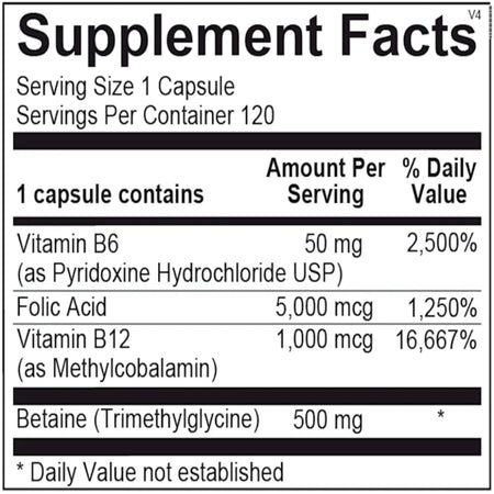 Cardio‑B ingredients panel with folate, vitamins B6, B12, betaine and choline for heart health support