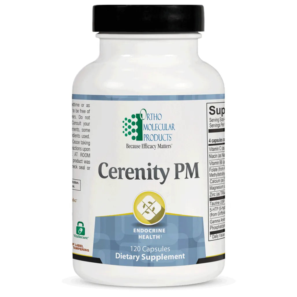 Ortho Molecular Cerenity PM packaging for natural sleep support with serotonin and GABA support