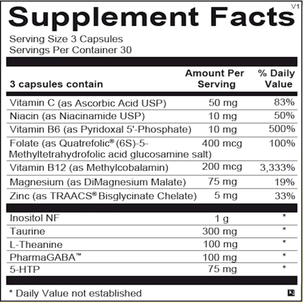 Cerenity ingredient panel with 5-HTP, PharmaGABA, L-theanine, inositol and micronutrients for stress support