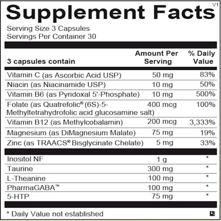 Cerenity ingredient panel with 5-HTP, PharmaGABA, L-theanine, inositol and micronutrients for stress support