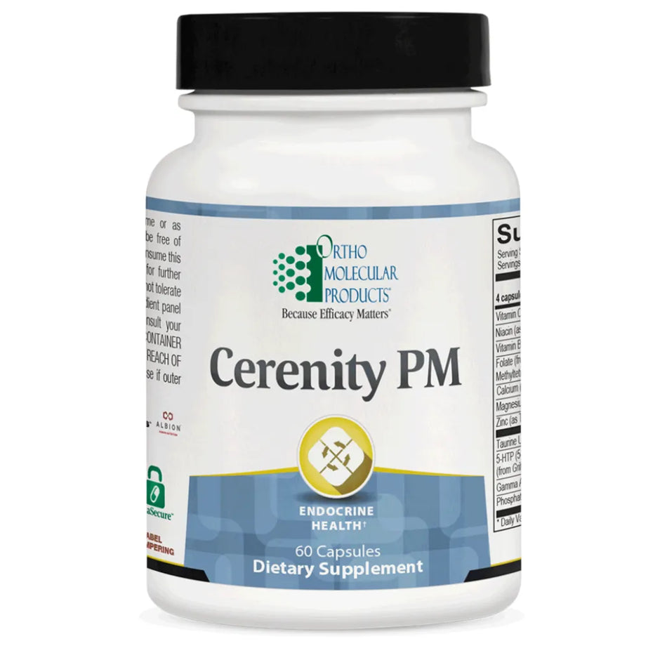 Ortho Molecular Cerenity PM sleep support supplement bottle for calm, relaxation, and restful sleep