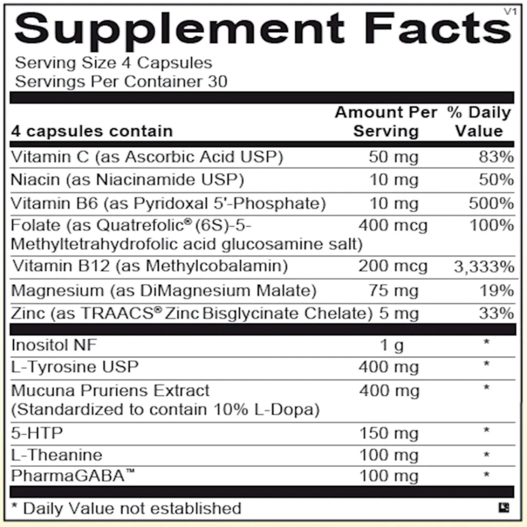 CereVive ingredients panel with L-theanine, PharmaGABA, 5-HTP, L-tyrosine, mucuna and brain support nutrients