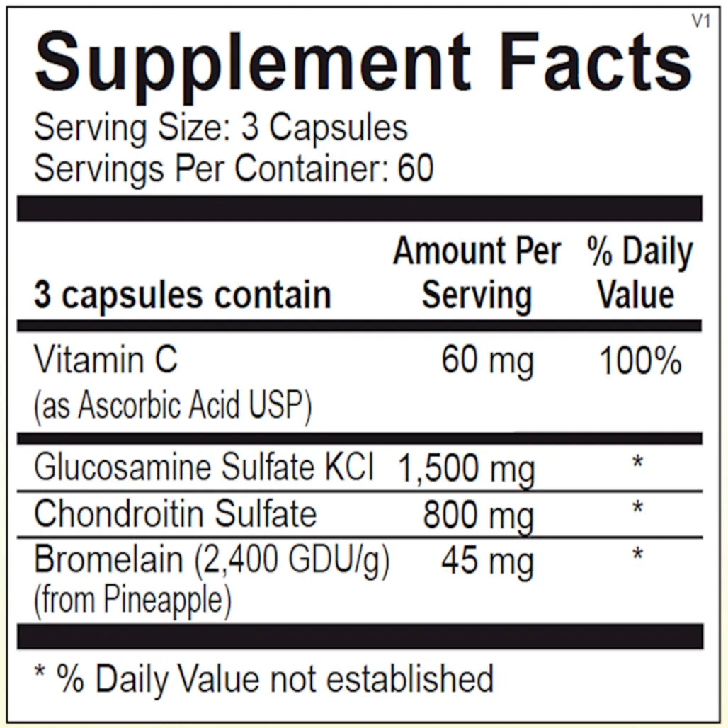 Chondro-FLX ingredient panel with glucosamine sulfate, chondroitin sulfate, vitamin C and bromelain for joint support