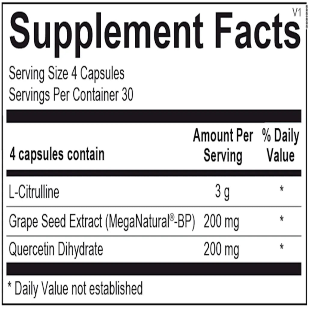 CitraNOX supplement facts showing L-citrulline, quercetin and grape seed extract for nitric oxide and heart support
