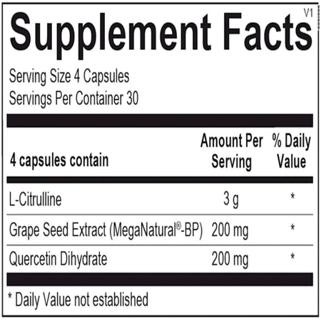 CitraNOX supplement facts showing L-citrulline, quercetin and grape seed extract for nitric oxide and heart support