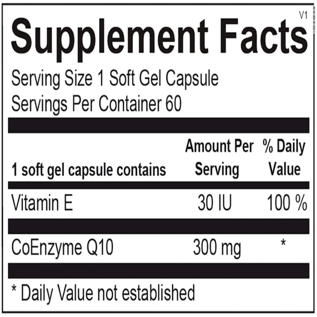 CoQ-10 300 mg ingredient panel showing coenzyme Q10, natural vitamin E and softgel components