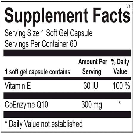 CoQ-10 300 mg ingredient panel showing coenzyme Q10, natural vitamin E and softgel components