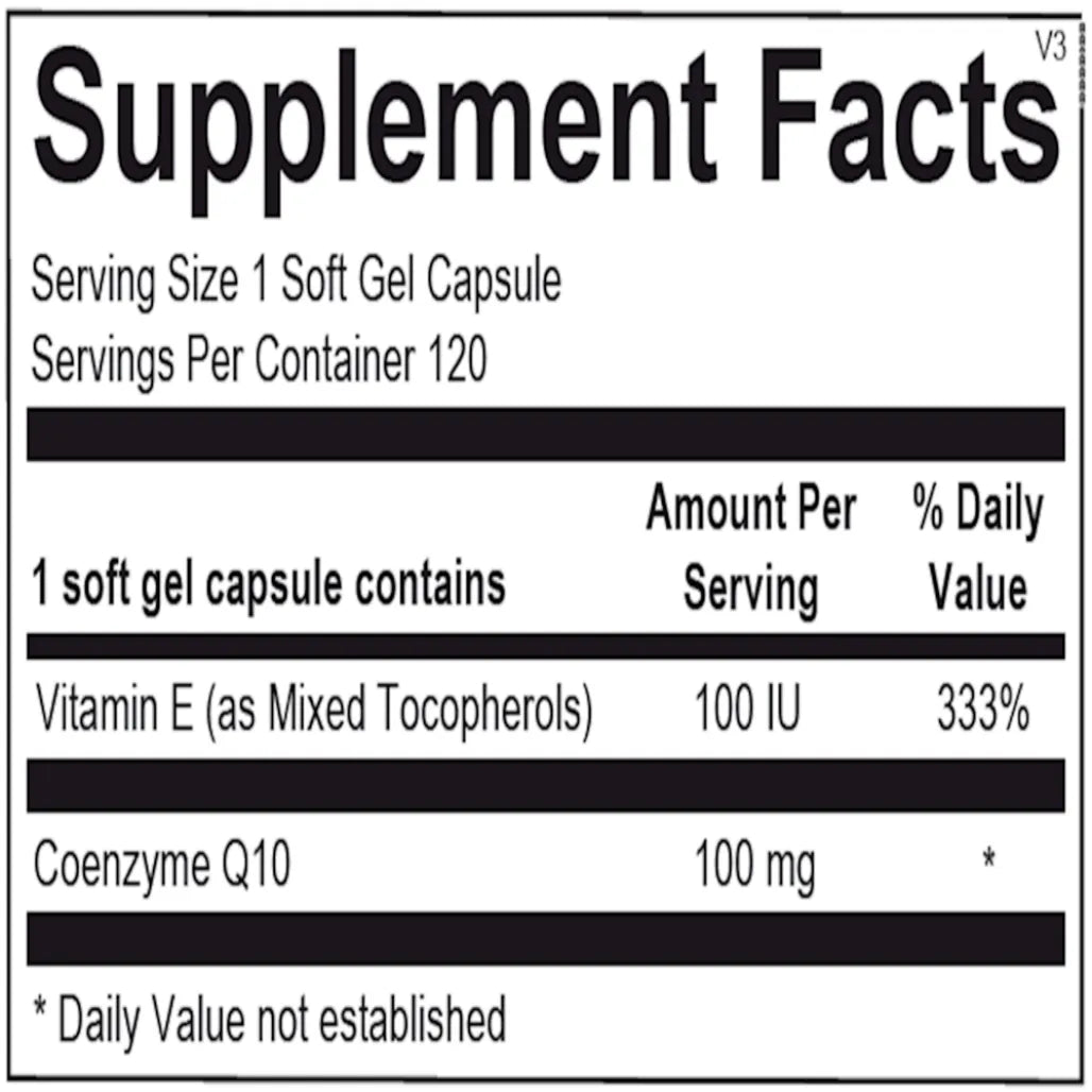 CoQ-10 ingredient panel with Coenzyme Q10, vitamin E, rice bran oil, mixed tocopherols, gelatin and glycerin