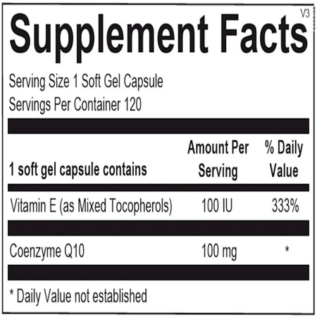 CoQ-10 ingredient panel with Coenzyme Q10, vitamin E, rice bran oil, mixed tocopherols, gelatin and glycerin