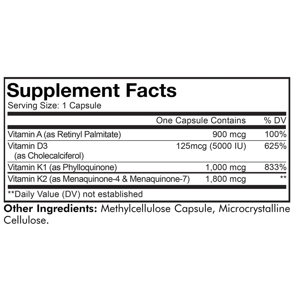 Codeage ADK Vitamins supplement facts label showing vitamins A D3 K1 and K2 ingredients