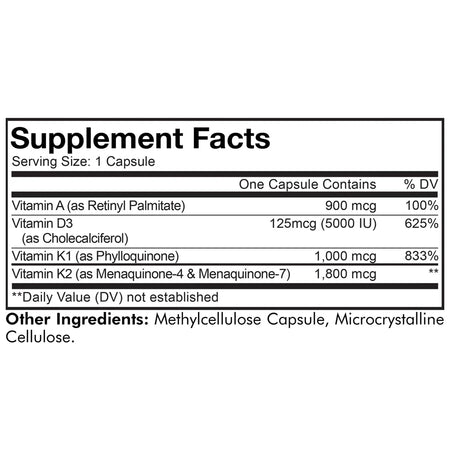 Codeage ADK Vitamins supplement facts label showing vitamins A D3 K1 and K2 ingredients