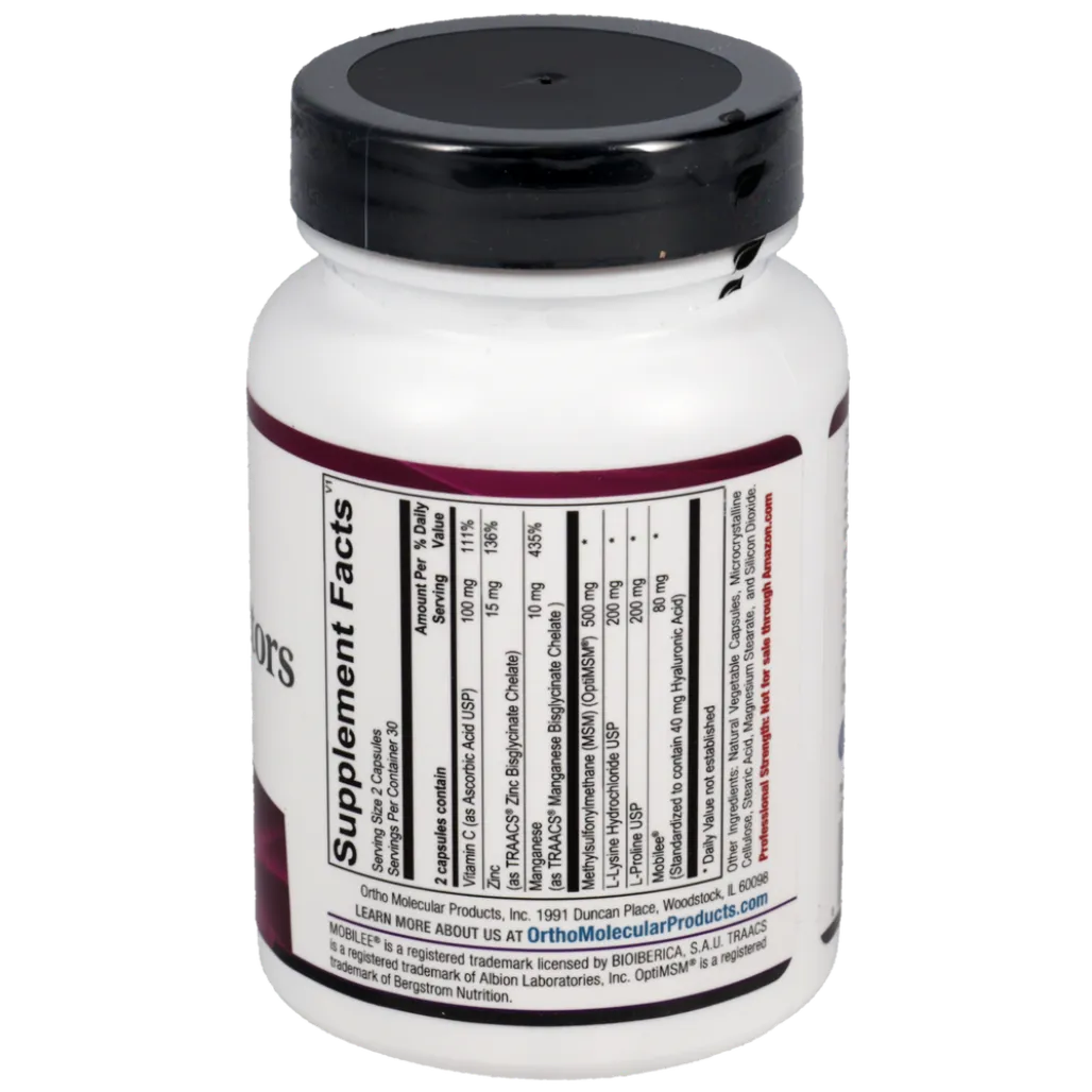 Collagen Factors ingredient panel with vitamin C, MSM, zinc, manganese, lysine, proline and Mobilee® hyaluronic acid