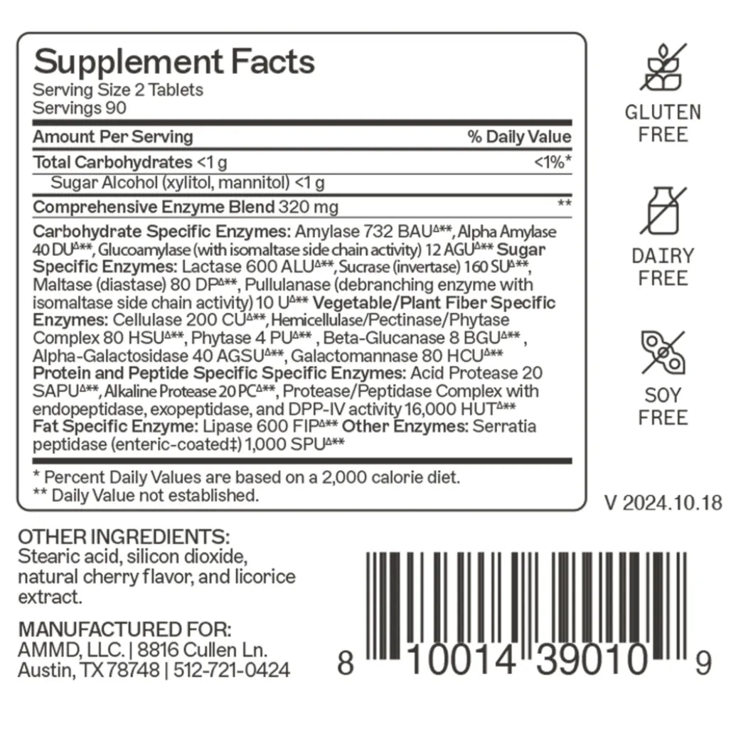 Supplement Facts label for Complete Enzymes Chewable by Amy Myers MD, showing digestive enzyme blend, serving size, and dietary info