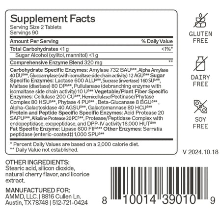 Supplement Facts label for Complete Enzymes Chewable by Amy Myers MD, showing digestive enzyme blend, serving size, and dietary info
