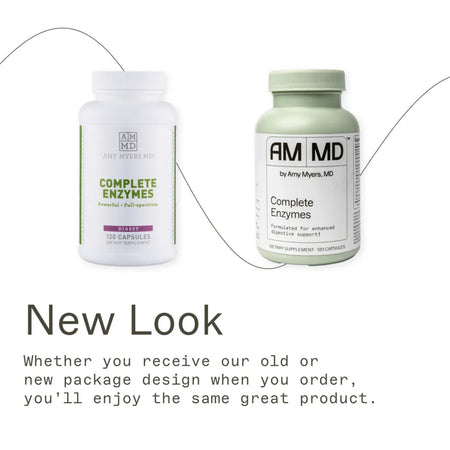 Amy Myers MD Complete Enzymes, a powerful full-spectrum digestive supplement in a 120-capsule bottle formulated for enhanced nutrient absorption.