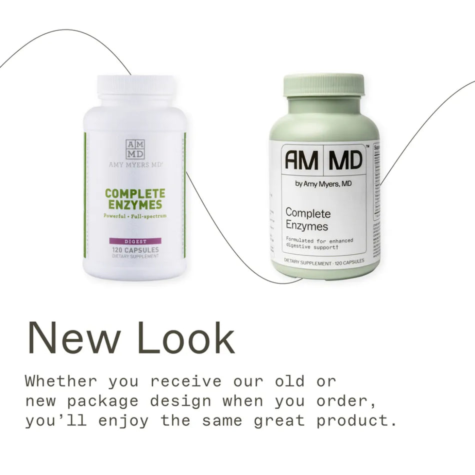 Amy Myers MD Complete Enzymes, a powerful full-spectrum digestive supplement in a 120-capsule bottle formulated for enhanced nutrient absorption.