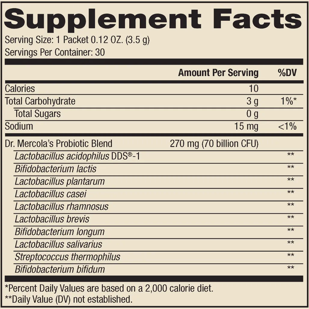 Dr. Mercola Complete Probiotics Powder Packets 70 Billion CFU Natural Raspberry Flavor