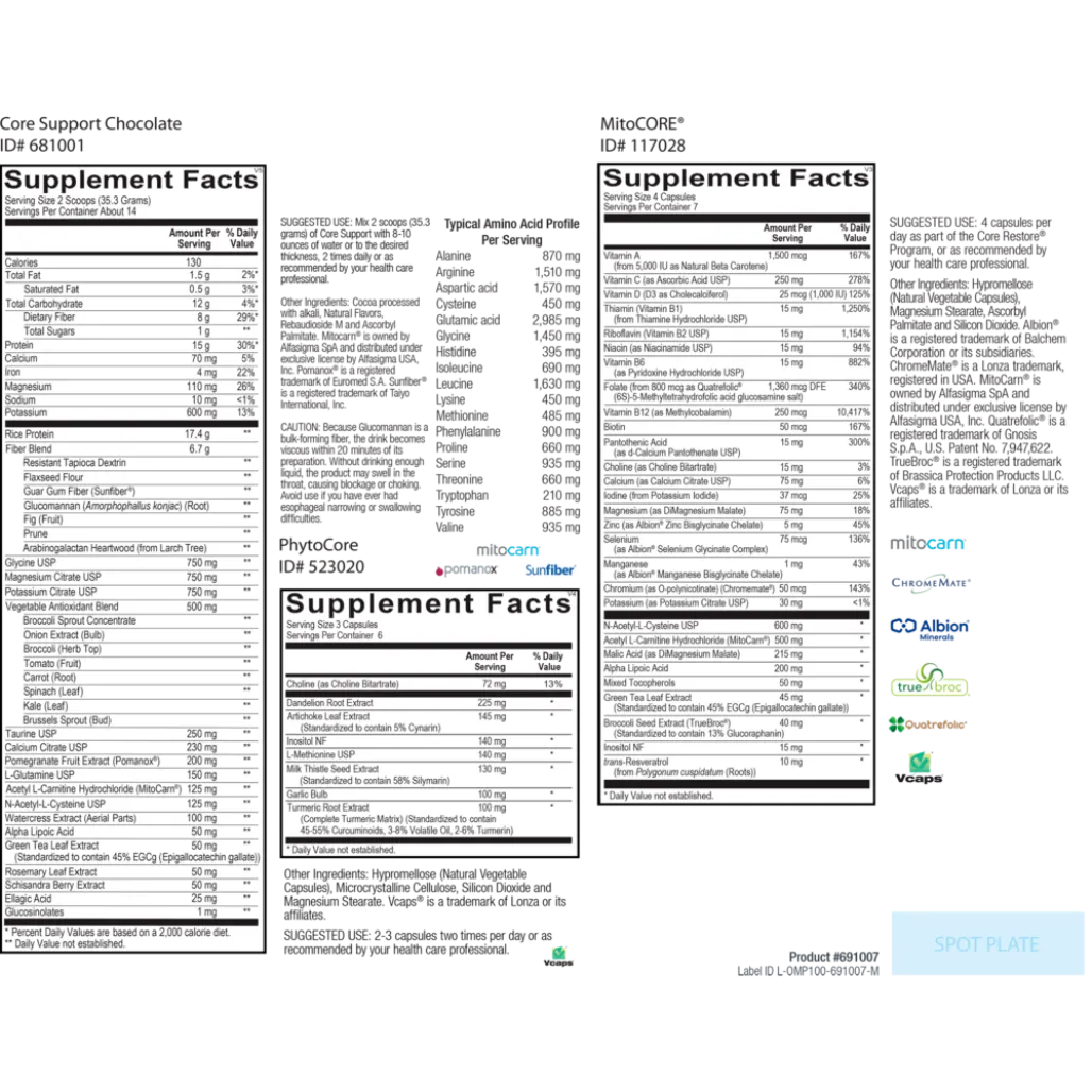 Core Restore Chocolate 7-Day ingredient panel with probiotics, prebiotic fibers, enzymes and gut support nutrients